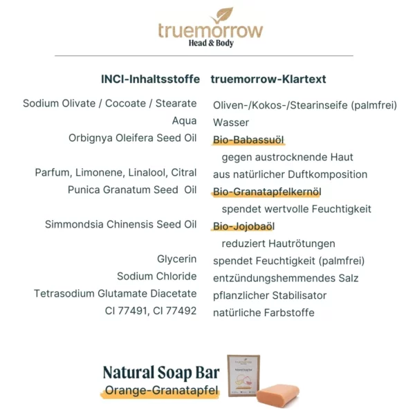 truemorrow natürliche Seife in Papierverpackung Orange-Granatapfel Inhaltsstoffe
