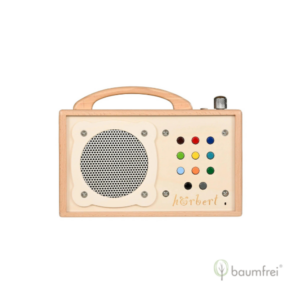 Hörbert MP3-Player aus Holz von vorn mit 9 farbigenTasten