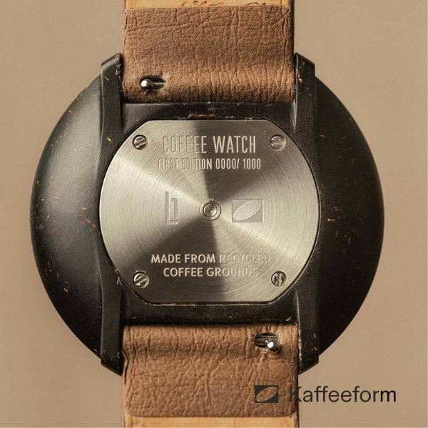 Kaffeeform Armbanduhr mit Gehäuse aus recyceltem Kaffeesatz Rückseite